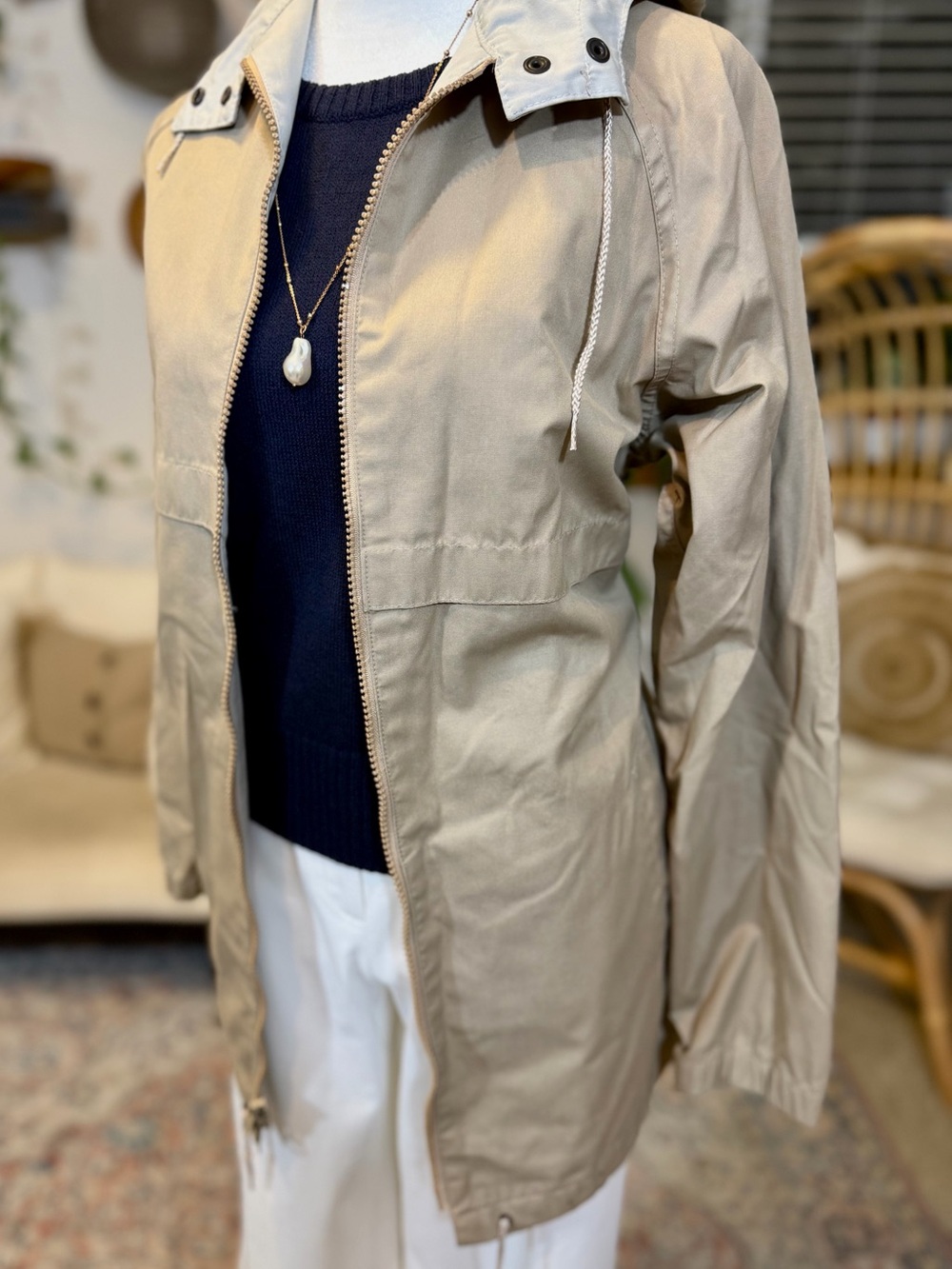 VTG London Fog Rain Jacket Tan Trench Coat Preppy Luxury Hooded Mid-Length 7/8 S - Picture 4 of 11